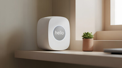 Modern white smart home device with small succulent plant on windowsill