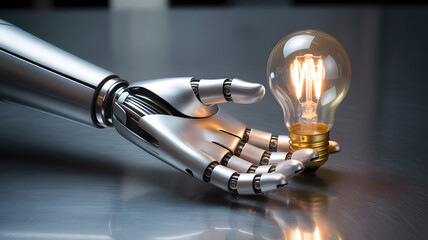 Robot hand holding a glowing incandescent light bulb representing innovation and ideas