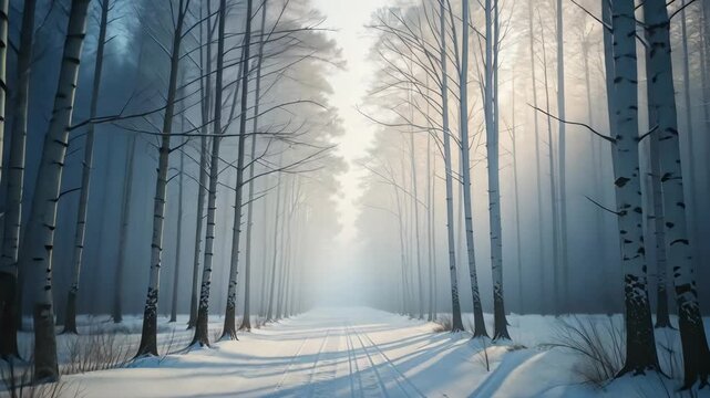 Snow-covered road leading through tall bare trees disappearing into fog, cold pale light creating silence. Concept of winter loneliness