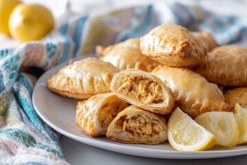 Golden crispy brik pastry filled with egg and tuna, beautifully arranged on a plate with fresh lemon slices, showcasing delicious culinary artistry and vibrant textures