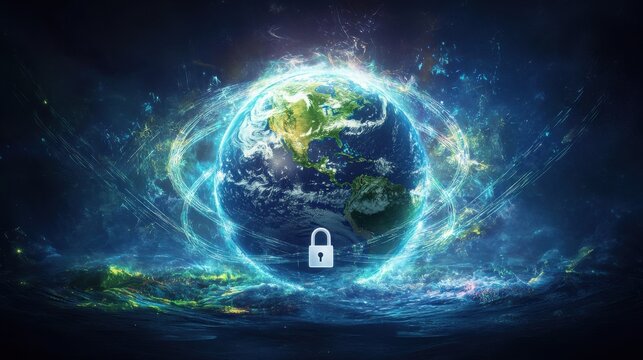 Futuristic Earth with padlock icon and data streams in space