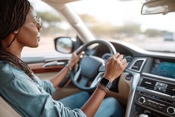 African woman seated in a car, confidently driving with a focused expression, showcasing modern automotive interior and lifestyle elements in a vibrant setting