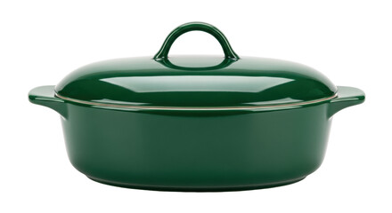 Isolated oval cast iron dutch oven, casserole dish, emerald green enameled cookware pot