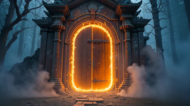 Glowing magical portal surrounded by ancient stone archway with mist and sparks in twilight forest. Concept of fantasy adventure world
