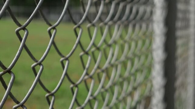 Close-Up of Chain Link Fence with Shallow Depth of Field - Metal Wire Mesh Barrier with Blurred Green Background