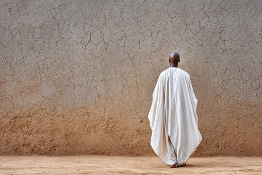 Man's back in a flowing white boubou robe stands against a textured wall, showcasing cultural attire and serene ambiance, evoking a sense of peace and reflection
