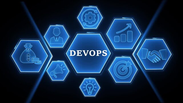 Dev Ops concept with glowing blue hexagonal icons on dark background DevOps development
