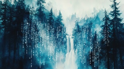 Mystical waterfall surrounded by trees and digital code in forest