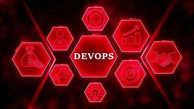 Dev Ops concept with glowing red hexagonal icons on dark background DevOps development