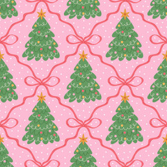 Christmas cute seamless pattern with bows, ribbons and Christmas trees. Xmas coquette retro print. Preppy trendy holiday background. Vintage damask design for fabric, wrapping paper, textile.