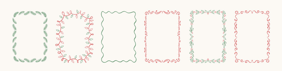 Set of vintage doodle hand drawn Xmas borders with branches Christmas tree, whimiscal lines, decorative patterns, mistletoe, lights garland. Trendy holiday frames for poster, card, invitation.