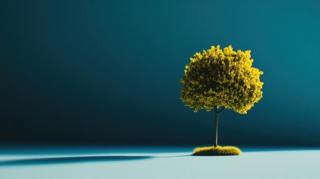 Serene indoor scene of a single tree with green leaves