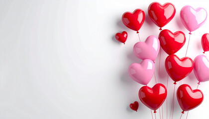 Glossy red and pink heart balloons on white. A romantic symbol of love, affection, and celebration, ideal for Valentine's Day, anniversaries, and heartfelt moments