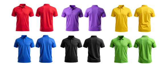 A large collection of colorful polo shirts, front and back, on a transparent background.