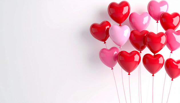 Vibrant cluster of red and pink heart-shaped balloons floating gracefully against a clean white backdrop, symbolizing love, romance, and joyful celebration for special occasions - Powered by Adobe