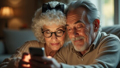 Senior couple happily exploring smartphone in cozy living room