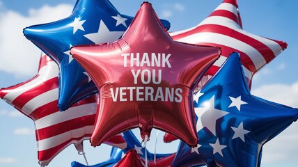 Starshaped balloons with patriotic designs and a thank you veterans message convey appreciation for military service and national holidays