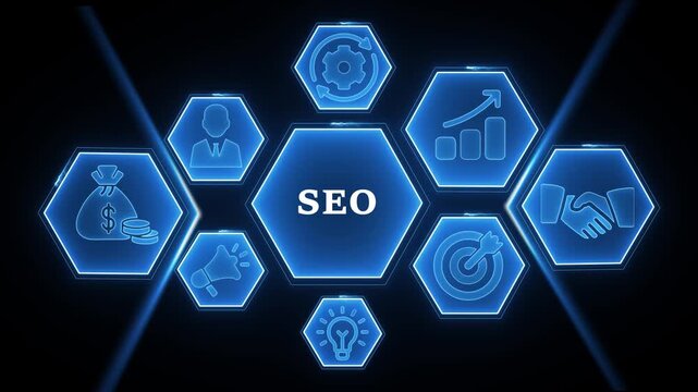 Blue hexagonal infographic with SEO in the center surrounded by icons for business growth and marketing