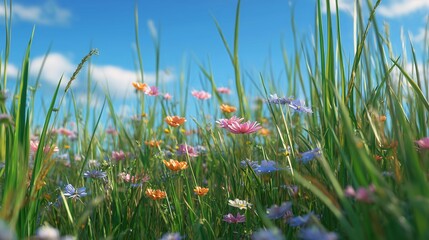 Fototapeta premium Bright wildflowers bloom among the tall green grass under the blue sky. The wildflowers and the green grass contrast with the vibrant hues of the blue sky.