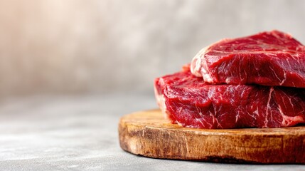 Blurred neutral background with soft warm tones, fresh raw beef steak on wooden board, highlighting marbling texture, minimal composition with copy space.