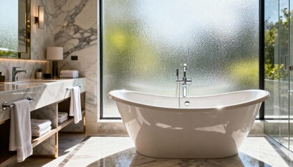 Elegant hotel bathroom with freestanding bathtub, marble details, and soft natural light.

