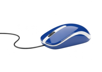 A blue and white computer mouse with a black cord is isolated on transparent background