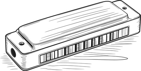 Harmonica illustration, musical instrument drawing, mouth organ sketch, black and white vector art, music tool design, vintage style outline