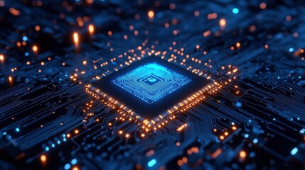 Glowing computer chip with circuits in abstract environment at night