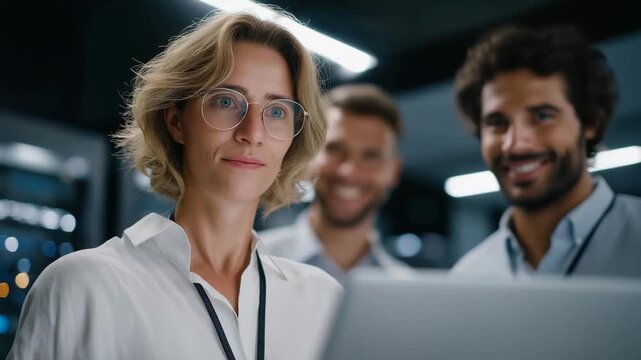 IT professionals testing network protocol compliance in futuristic server room, symbolizing secure data exchange, digital efficiency, and innovative technological development across industries.