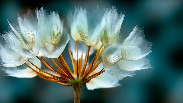 Delicate White Fluffy Flower Cluster with Multiple Petals on Orange Stem Against Deep Blue Background