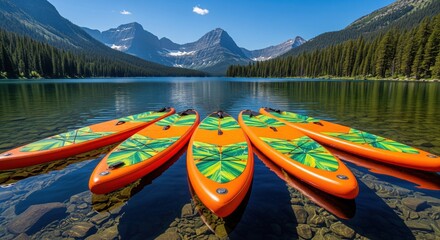 Vibrant paddleboards on pristine mountain lake with scenic peaks in background