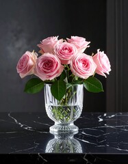 Pink roses in a clear crystal vase on a dark table