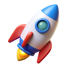 3d icon of cartoon rocket ship launching with red fins and blue accents isolated on transparent background