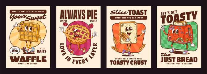Groovy pastry and bakery characters posters. Vintage cartoon cards featuring cheerful food personages like waffle, pie, toast and toaster with expressive faces, evoke a playful, nostalgic bakery vibe © Buch&Bee
