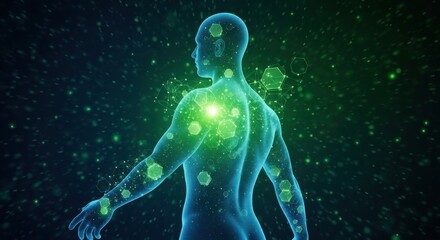 Abstract visualization of a human body with glowing green particles and cells, representing health, science, and the universe
