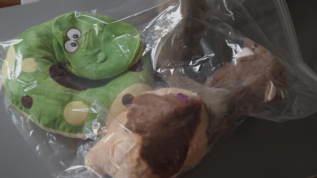 Stuffed animals and plush toys compressing inside large transparent vacuum space saver bags using a vacuum sealer. Demonstrating efficient storage solutions for children items and home organization.
