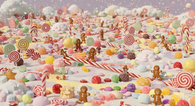 Overhead view of vibrant candy land landscape, endless sea of colorful candies, lollipops, and gumdrops, pastel rainbow hues, sugary sweet wonderland, magical Christmas or winter fantasy world.