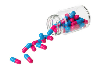 Blue and pink capsules spilling from a clear glass bottle isolated on transparent background, symbolizing medication