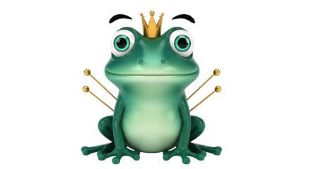 Isolated 3D cartoon frog with a crown and big eyes, a fairy tale and fantasy animal character