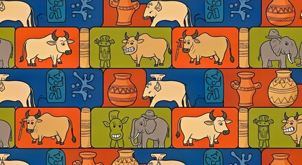 High resolution seamless pattern of playful motif caricatures of ancient Indus Valley script and artifacts
