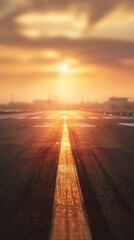 Obraz premium Blurred runway background under golden sunrise, faint airplane silhouette ready for takeoff, mood of progress and new beginnings, cinematic depth with wide copy space.