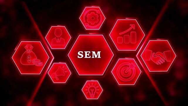 Red hexagonal infographic with SEM in the center surrounded by icons for business growth and marketing