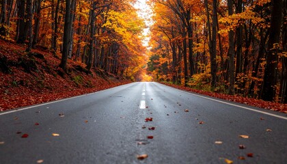 Autumn road through a vibrant forest tunnel.  A paved road stretches into a colorful, autumnal forest, bathed in light.  Falling leaves carpet the road and forest floor