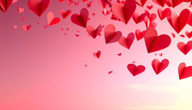Dreamy romantic background showcasing numerous red paper hearts floating gently across a warm gradient of pink and orange, symbolizing love and passion for special occasions