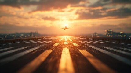 Obraz premium Blurred runway background under golden sunrise, faint airplane silhouette ready for takeoff, mood of progress and new beginnings, cinematic depth with wide copy space.