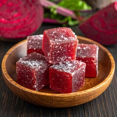 Close-up of ruby-red, square candies on a wooden dish, surrounded by beetroot