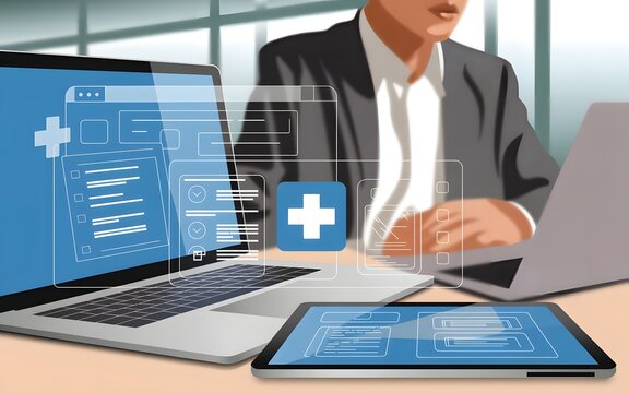 Man using multiple devices including laptop and tablet displaying medical interface and cross symbol