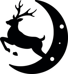 Running reindeer across glowing moon during calm winter night Vector illustration