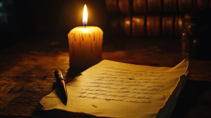 Mysterious candlelit scene with quill pen and antique books