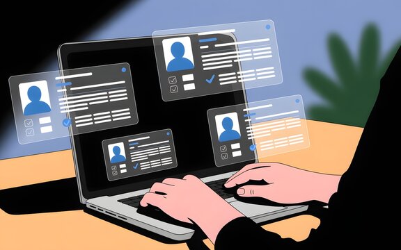 Person using laptop with multiple profile cards displayed on the screen for online recruitment process
